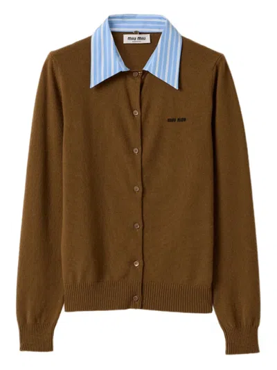Miu Miu Cashmere Cardigan With Detachable Stripe Collar In Brown
