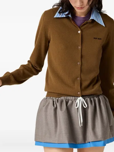 Miu Miu Cashmere Cardigan With Detachable Stripe Collar In Brown