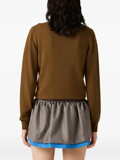 Miu Miu Cashmere Cardigan With Detachable Stripe Collar In Brown