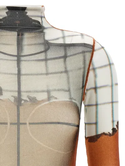 Jean Paul Gaultier 'flame Graphic High Neck Sheer Bodysuit' In White