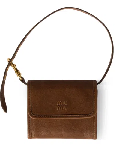 Miu Miu Nappa Leather Wallet With Shoulder Strap In Brown