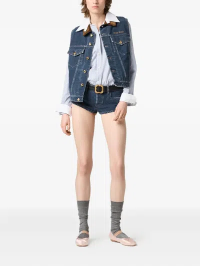 Miu Miu Flap Pocket Denim Jacket With Flock Collar In Blue