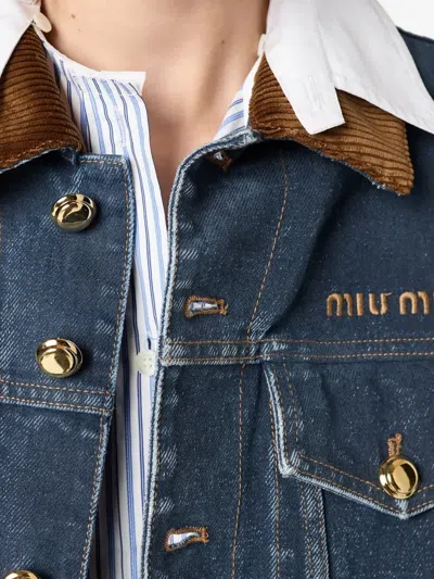 Miu Miu Flap Pocket Denim Jacket With Flock Collar In Blue