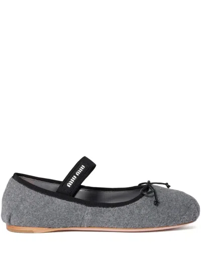 Miu Miu Bow-embellished Elastic-strap Ballet Flats In Gray