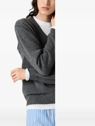 Miu Miu Cashmere V-neck Sweater With Jersey Inserts In Gray