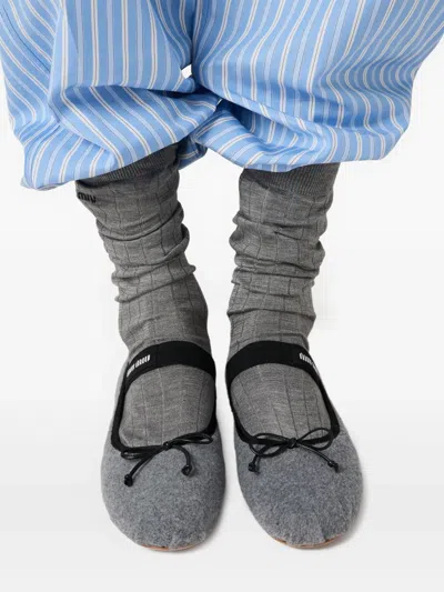 Miu Miu Bow-embellished Elastic-strap Ballet Flats In Gray