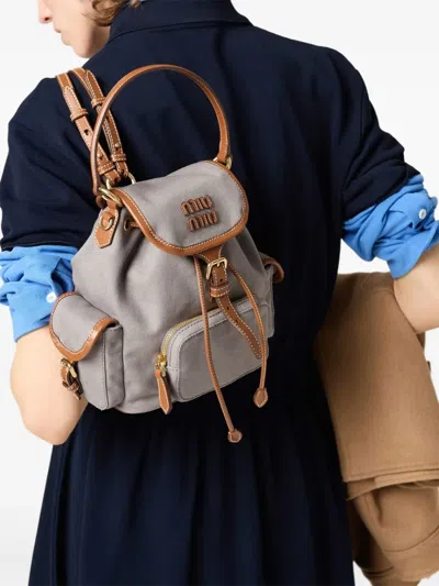 Miu Miu Leather-trimmed Canvas Backpack In Gray