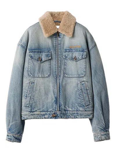 Miu Miu Denim And Shearling Trucker Jacket In Blue