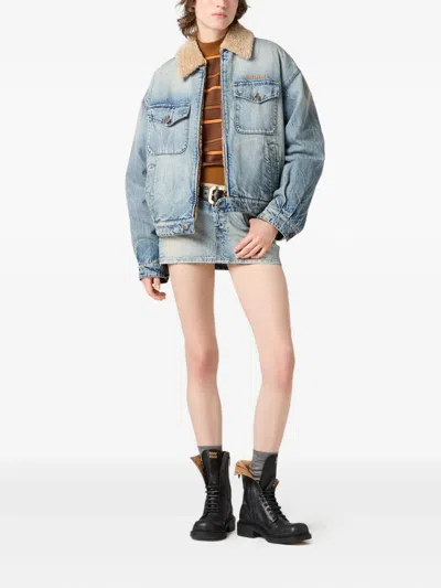 Miu Miu Denim And Shearling Trucker Jacket In Blue