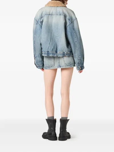 Miu Miu Denim And Shearling Trucker Jacket In Blue