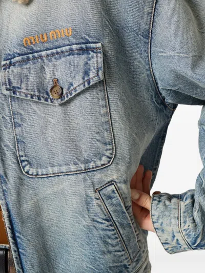 Miu Miu Denim And Shearling Trucker Jacket In Blue
