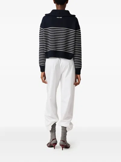 Miu Miu Cashmere Sweater With Ribbed Cuffs And Hem In Blue