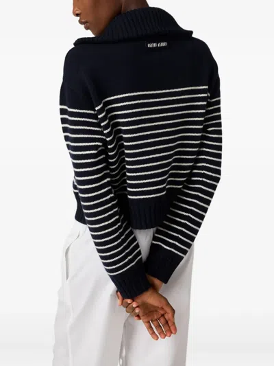 Miu Miu Cashmere Sweater With Ribbed Cuffs And Hem In Blue