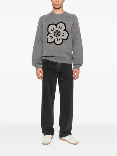 Kenzo Men Crew Neck Sweater In Cotton And Wool In Gray