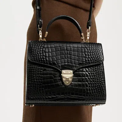 Aspinal Of London Womens Black Mayfair Large Crocodile-embossed Patent-leather Top-handle Bag In Black