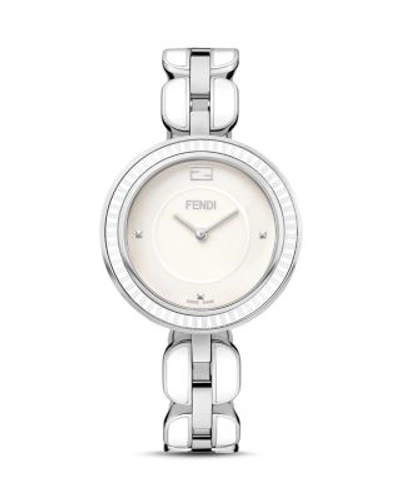 Fendi My Way Blue Ceramic And Stainless Steel Watch With Fox Fur Glamy, 36mm In White