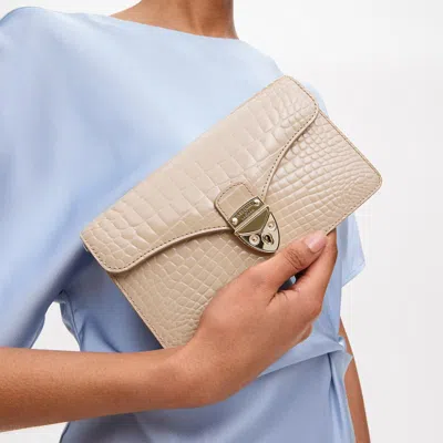 Aspinal Of London Mayfair Logo-lettering Patent-leather Clutch Bag In Taupe