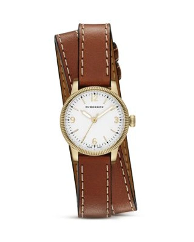 Shop Burberry Double Wrap Leather Strap Watch, 30mm In Cognac