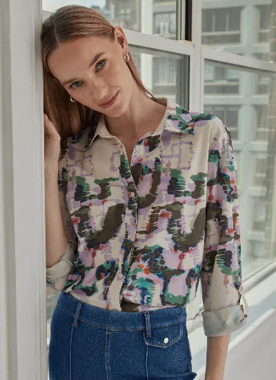 Lyssé Roll Tab Connie Print Button Down Shirt In Upbeat Canvas In Multi