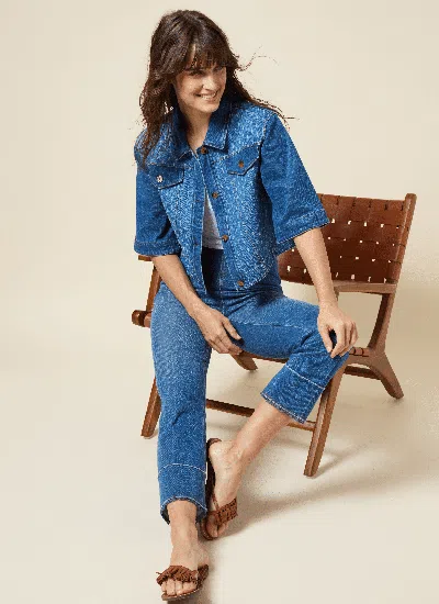 Lyssé Thea Cropped Crochet Denim Jacket In Blue