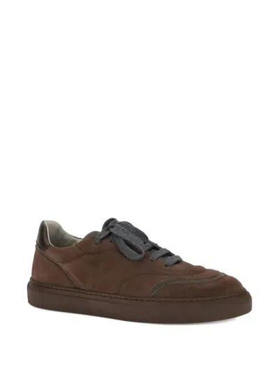 Brunello Cucinelli Jewel Embellished Suede Sneakers In Brown