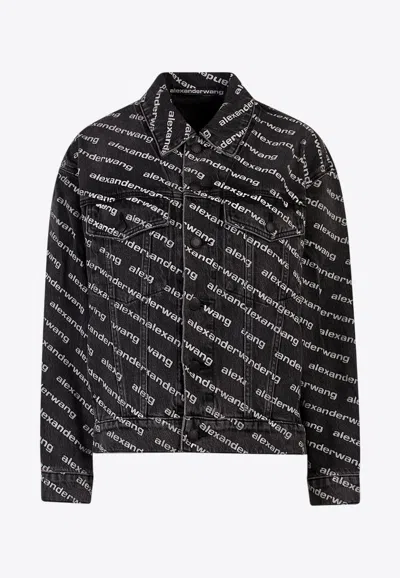 Alexander Wang Denim Jacket With All-over Logo In Black