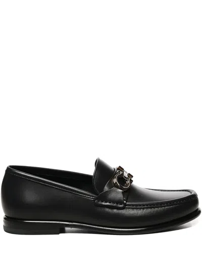 Ferragamo Crown Leather Loafer With Gancini Detail In Black