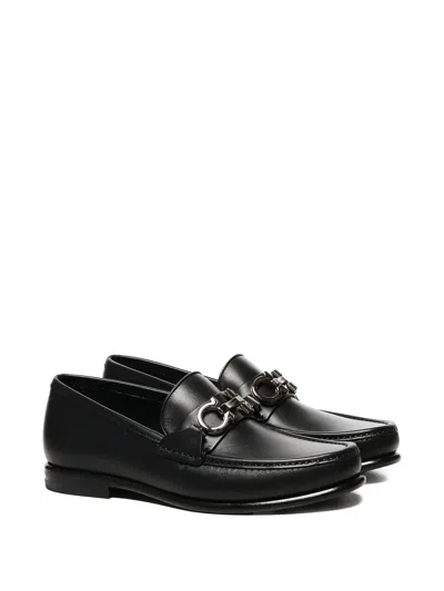 Ferragamo Crown Leather Loafer With Gancini Detail In Black