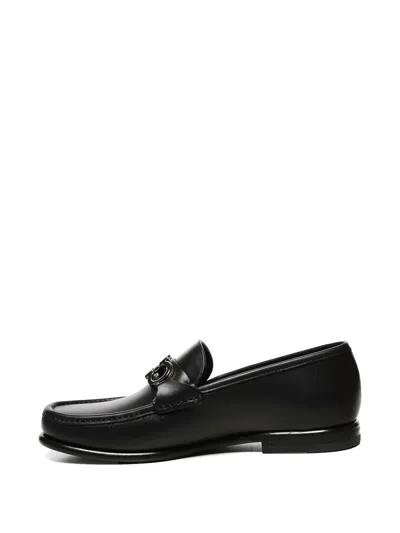 Ferragamo Crown Leather Loafer With Gancini Detail In Black