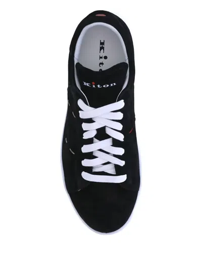 Kiton Handcrafted Leather Sneakers Contrasting Sole In Blue