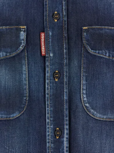 Dsquared2 Blue Shirt With Pointed Collar And Elbow Patches In Denim Man In Blue