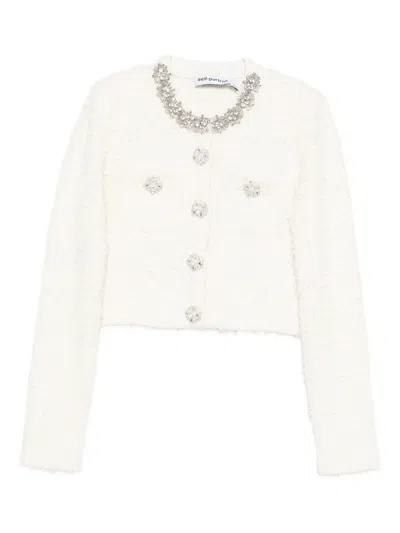 Self-portrait White Crewneck Cropped Cardigan With Crystal Embellishments On The Collar In Cotton Blend Woman In White