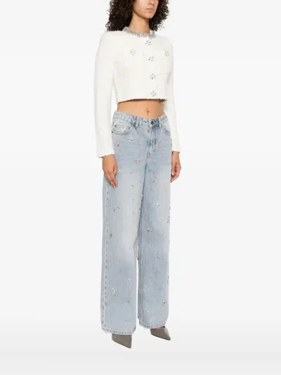 Self-portrait White Crewneck Cropped Cardigan With Crystal Embellishments On The Collar In Cotton Blend Woman In White