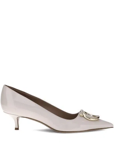 Ferragamo Cream Calf Leather Bos Taurus Mid Heel Pumps In Neutral