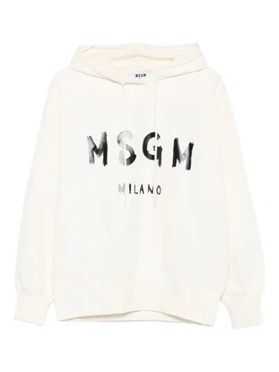 Msgm Classic Logo Print Hoodie With Raglan Sleeves In Neutral
