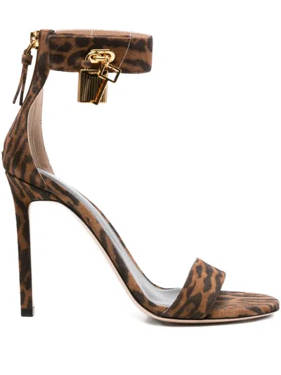 Tom Ford Brown Ocelot-print Suede Padlock Heeled Sandals In Multi