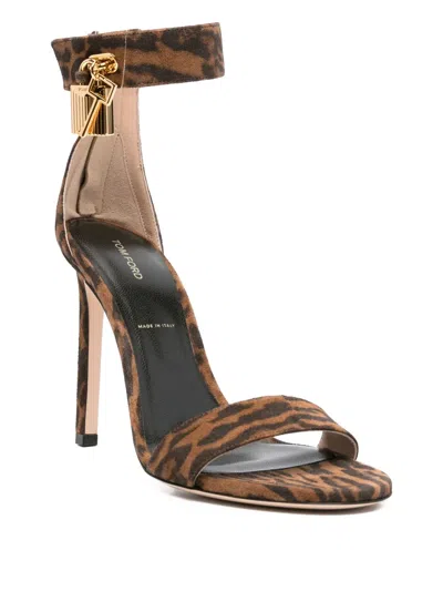 Tom Ford Brown Ocelot-print Suede Padlock Heeled Sandals In Multi