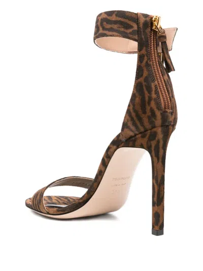 Tom Ford Brown Ocelot-print Suede Padlock Heeled Sandals In Multi