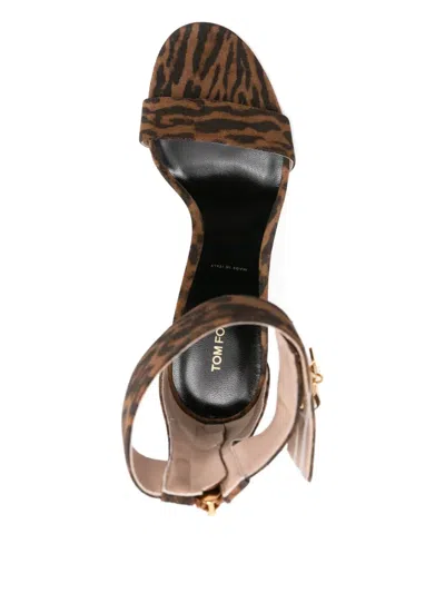 Tom Ford Brown Ocelot-print Suede Padlock Heeled Sandals In Multi