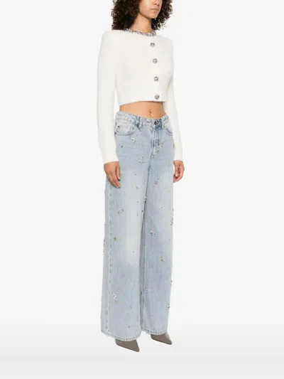 Self-portrait Whirw Cropped Crewneck Cardigan With Crystal Embellishments On Collar And Buttons In Wool Blend Woma In White