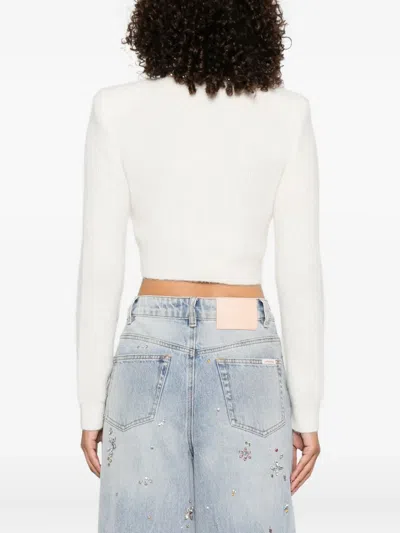 Self-portrait Whirw Cropped Crewneck Cardigan With Crystal Embellishments On Collar And Buttons In Wool Blend Woma In White