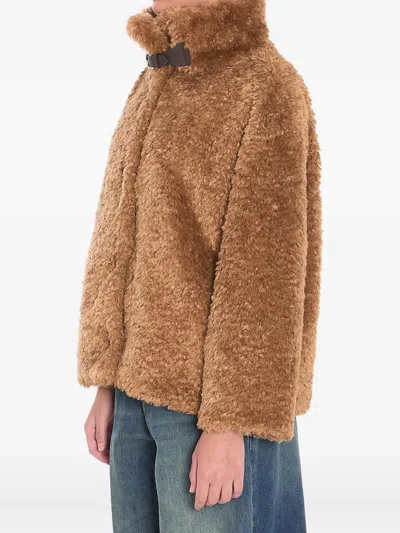 Herno Plush Faux Fur Jacket With High Collar And Buckle Closure In Brown