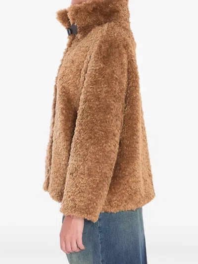 Herno Plush Faux Fur Jacket With High Collar And Buckle Closure In Brown