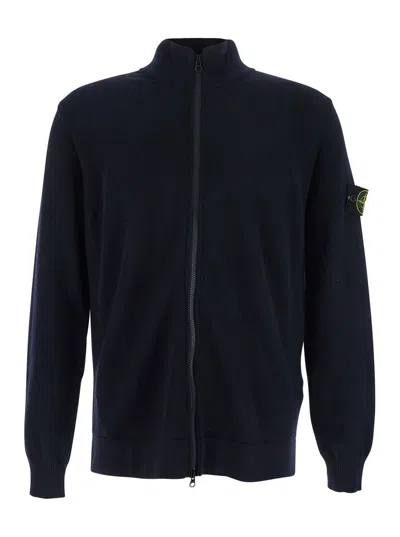 Stone Island Virgin Wool Blend Cardigan With High Collar In Blue