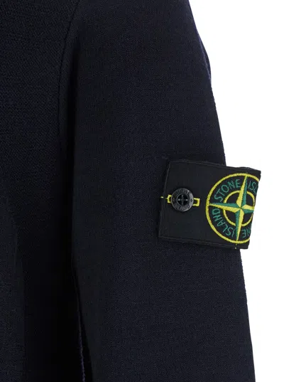 Stone Island Virgin Wool Blend Cardigan With High Collar In Blue