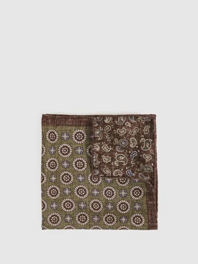 Reiss Mens Sage Geronimo Medallion And Paisley-print Silk Pocket Squar In Brown