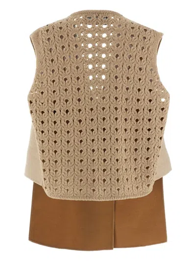 Fabiana Filippi Knit Wool Vest Crochet Back Detail In Sand
