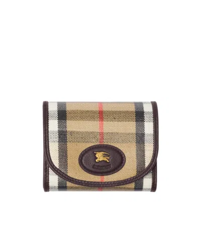 Burberry Compact Wallet With Leather Inserts In Check Pattern In Burgundy