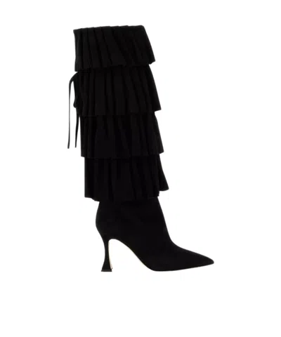 Manolo Blahnik Suede Miralone Boots With Pointed Toe And Ruffled Design In Black