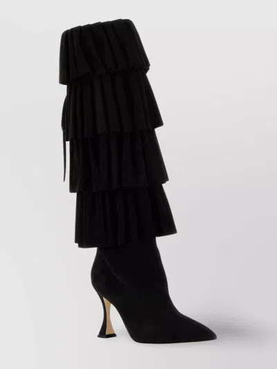 Manolo Blahnik Suede Miralone Boots With Pointed Toe And Ruffled Design In Black